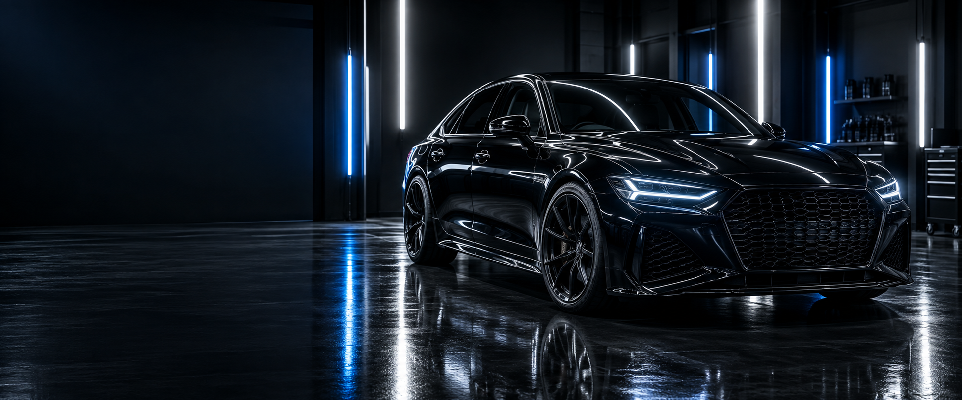 Gloss black car in a professional detailing studio